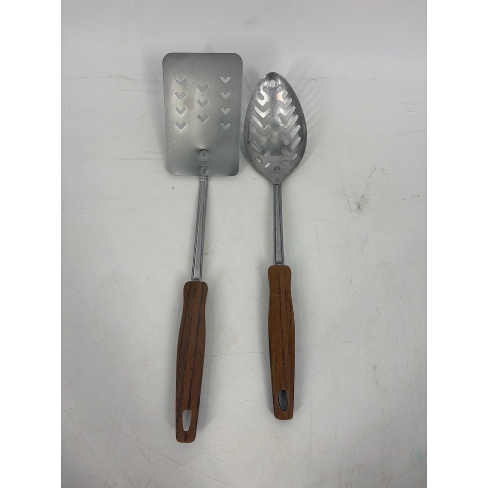 Vintage 80s Ekco Stainless Steel USA Slotted SpoonSpatula Plastic Wood Handle